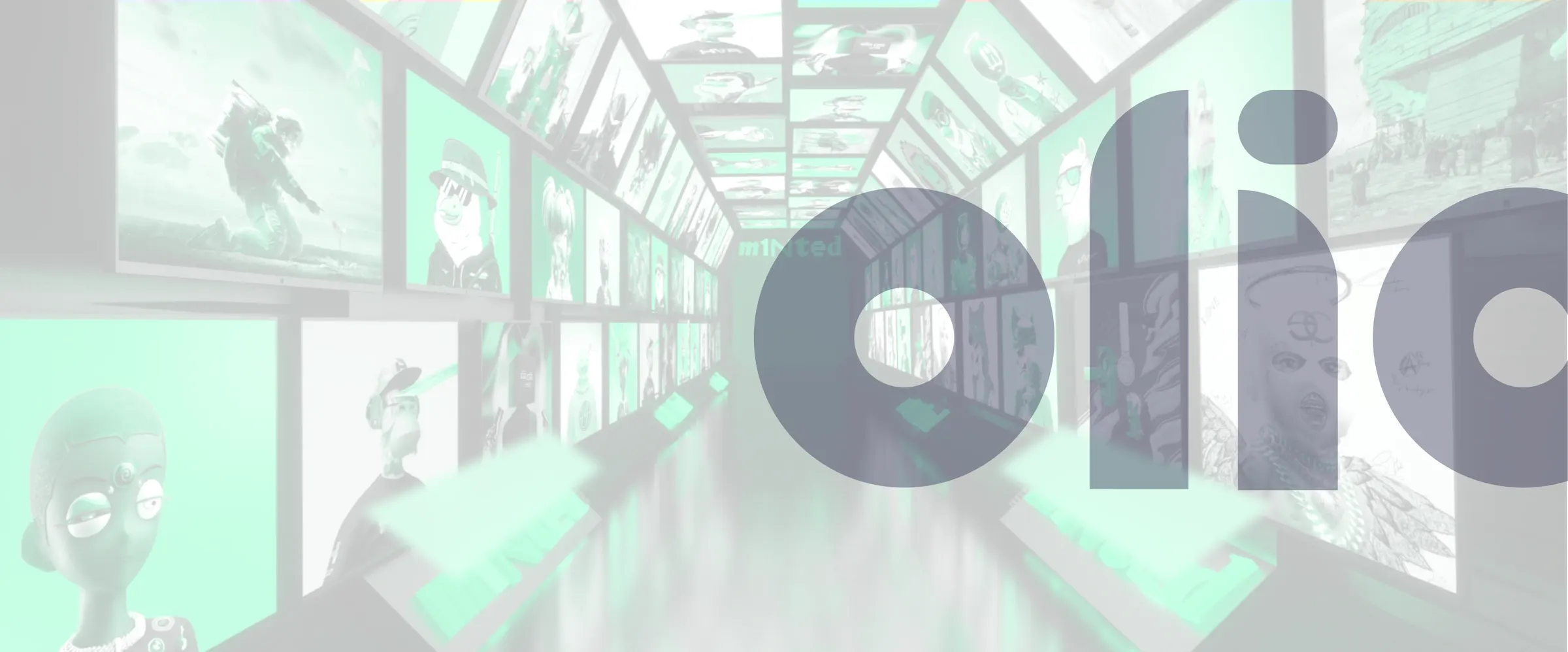 Olio logo over a gallery wall of digital art in teal tones