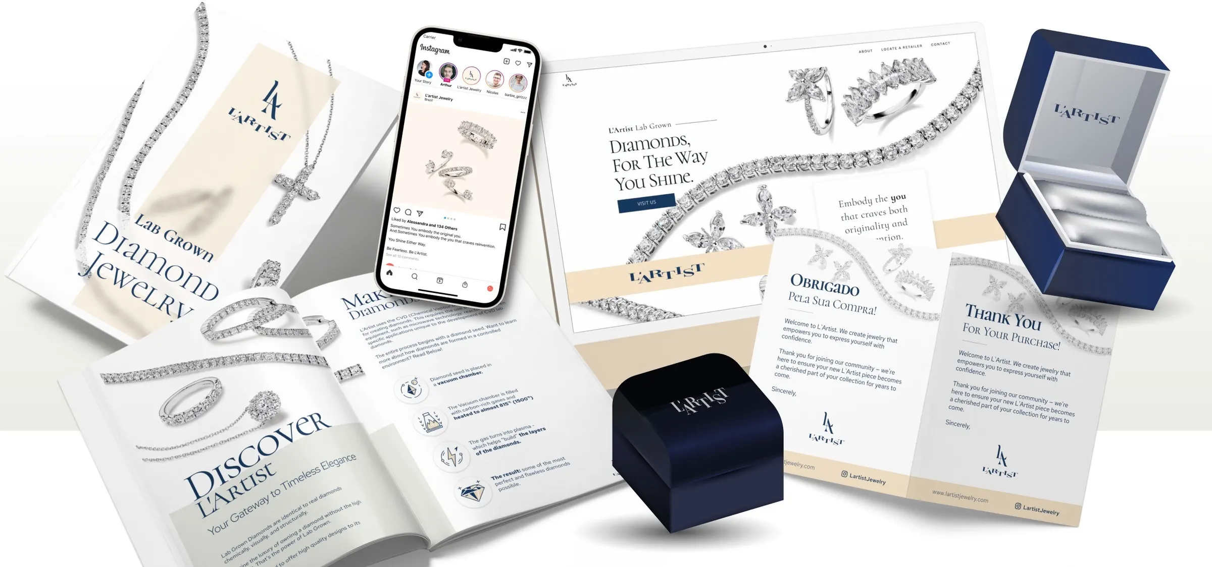 L’Artist brand collateral: booklets, an Instagram feed on a phone and a jewelry box
